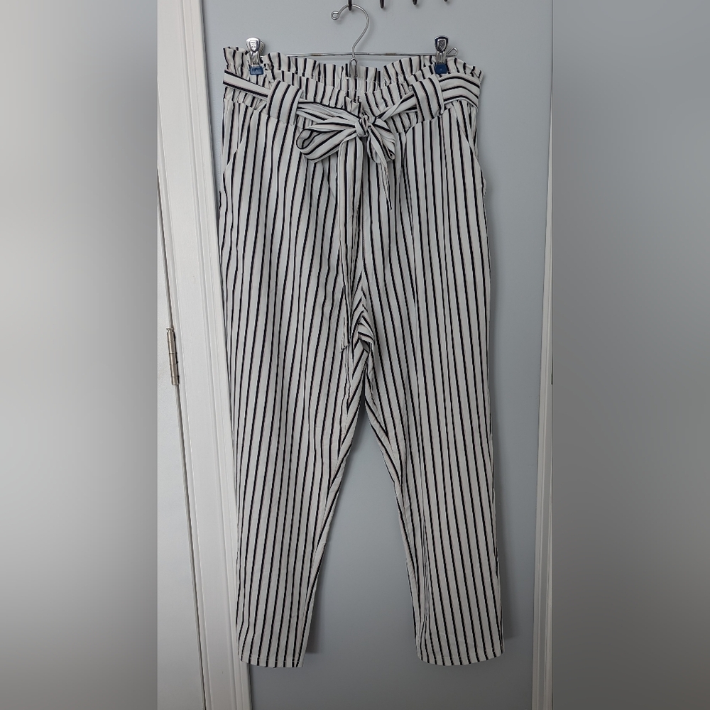Black and White Striped Pants With Tie Belt